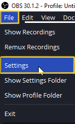OBS File menu with Settings selected
