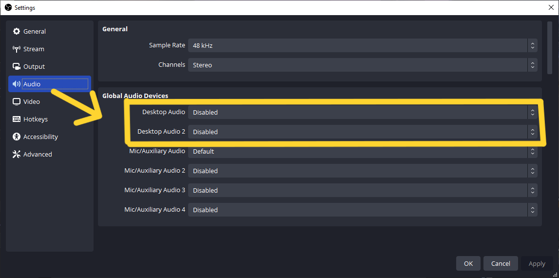 Audio tab with Desktop Audio devices set to Disabled