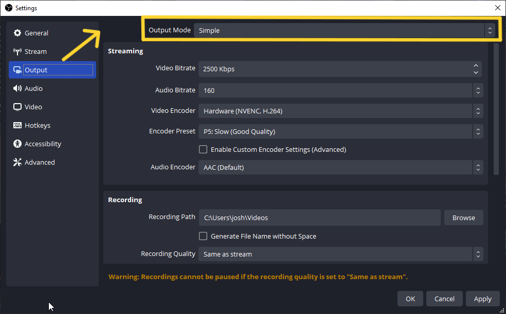 Output tab with Output Mode switched to Advanced