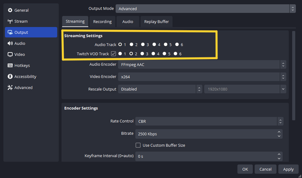 Streaming Output settings with Track 1 and Twitch VOD Track 2 selected