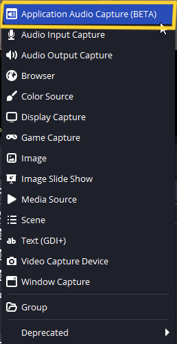 Create new Application Audio Capture source dialog