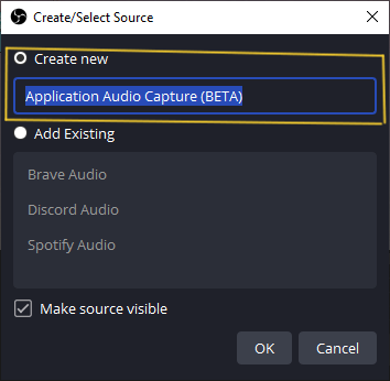 Create new Application Audio Capture source dialog