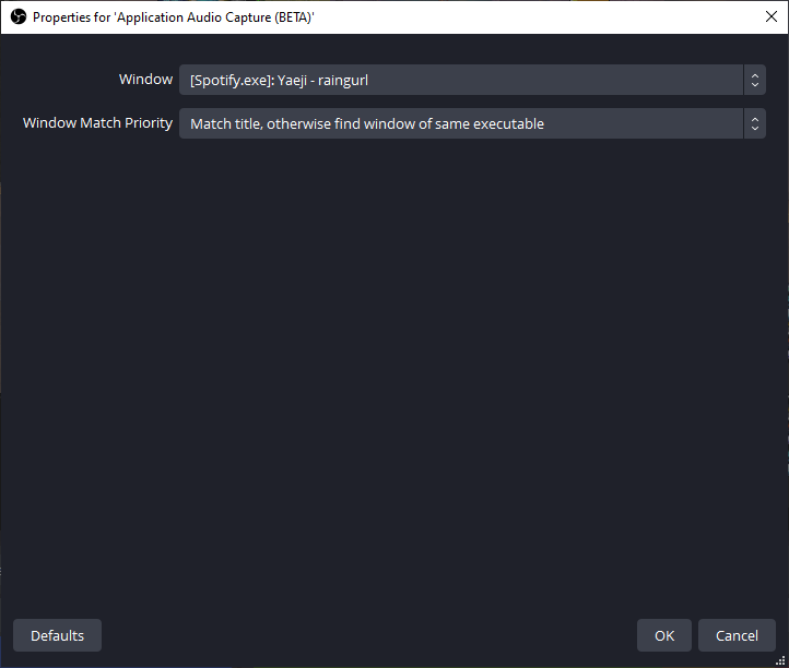 Properties window showing a specific window selected for capture