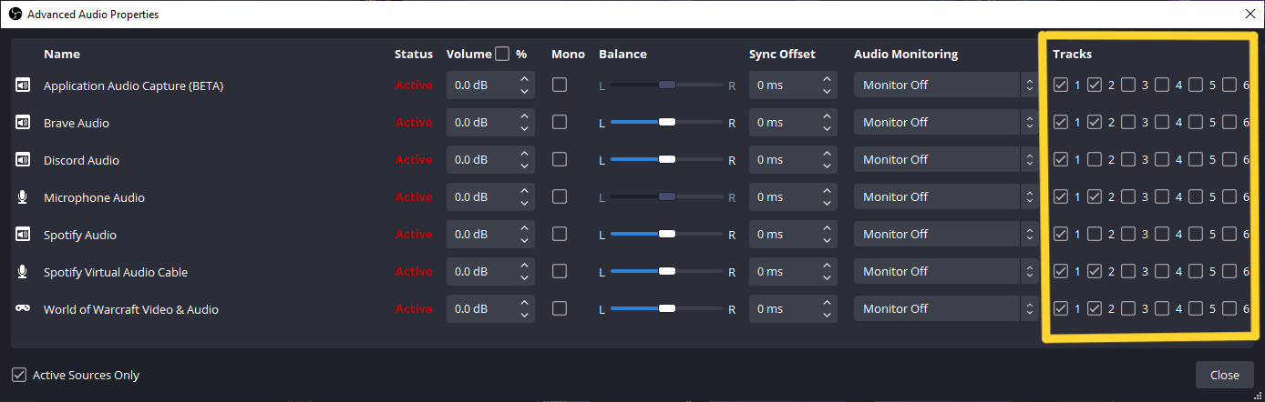 Advanced Audio Properties with tracks set per source